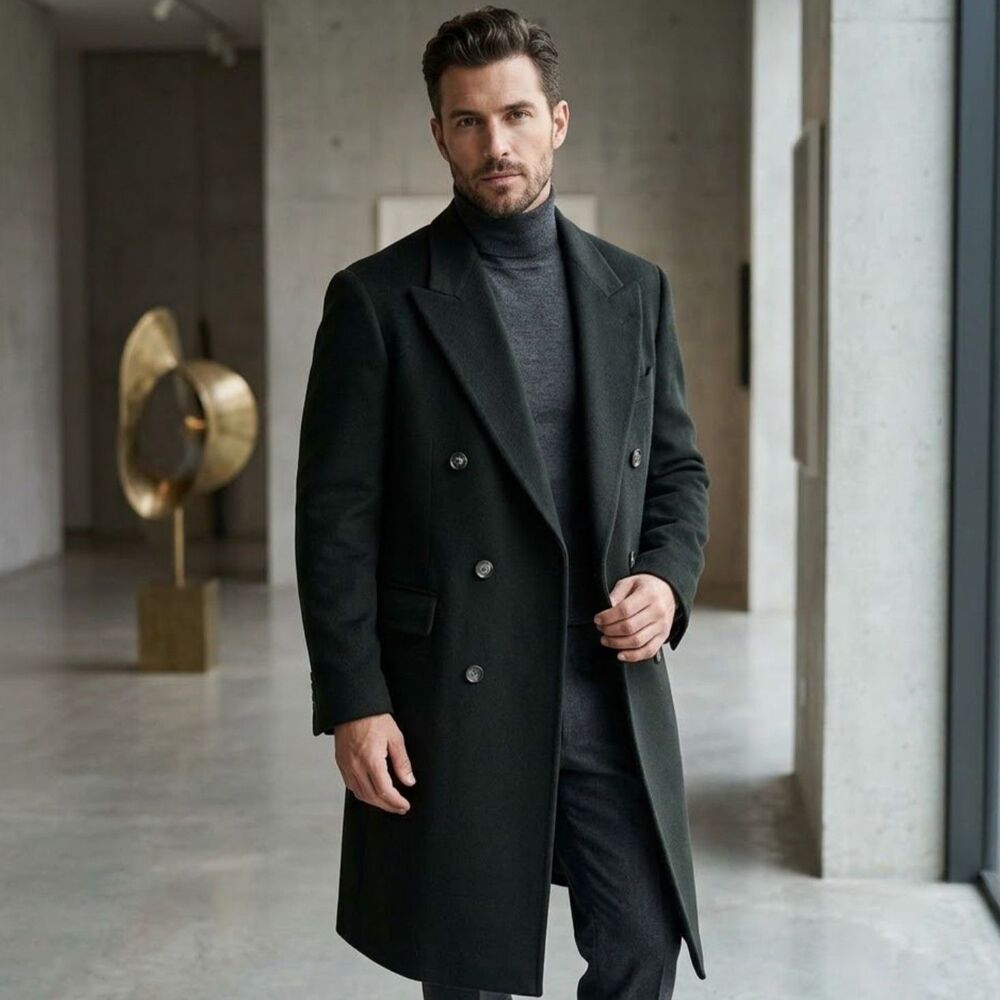 VTG 90s Cashmere Wool Overcoat Mens 42 Black Double Breasted Long Classic USA